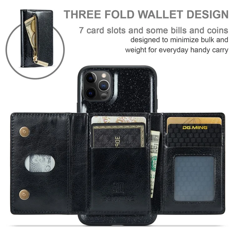 Dg. Ming M3 Series Per Iphone 11 Pro Max 6,5 Pollici Shock Affronta Shock 2 In-1 Scintilla Scintillabile Copertina Tascabile Staccabile Coperchio Kickstand pc Rivestita in Pelle PU PC+TPU Telefono di Protezione Tpu Custodia - Nero