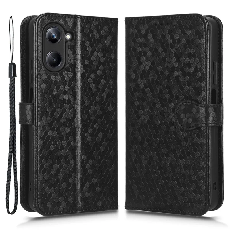 For Realme 10 4G Dot Pattern Imprinted Phone Cover PU Leather Phone Wallet Case Hands-free Stand with Strap - Black
