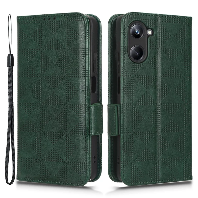 For Realme 10 4G Drop Protection Wallet PU Leather Stand Case Imprinted Triangle Pattern Cover with Hand Strap - Green