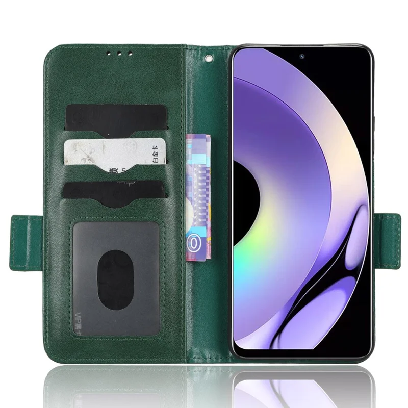 For Realme 10 4G Drop Protection Wallet PU Leather Stand Case Imprinted Triangle Pattern Cover with Hand Strap - Green