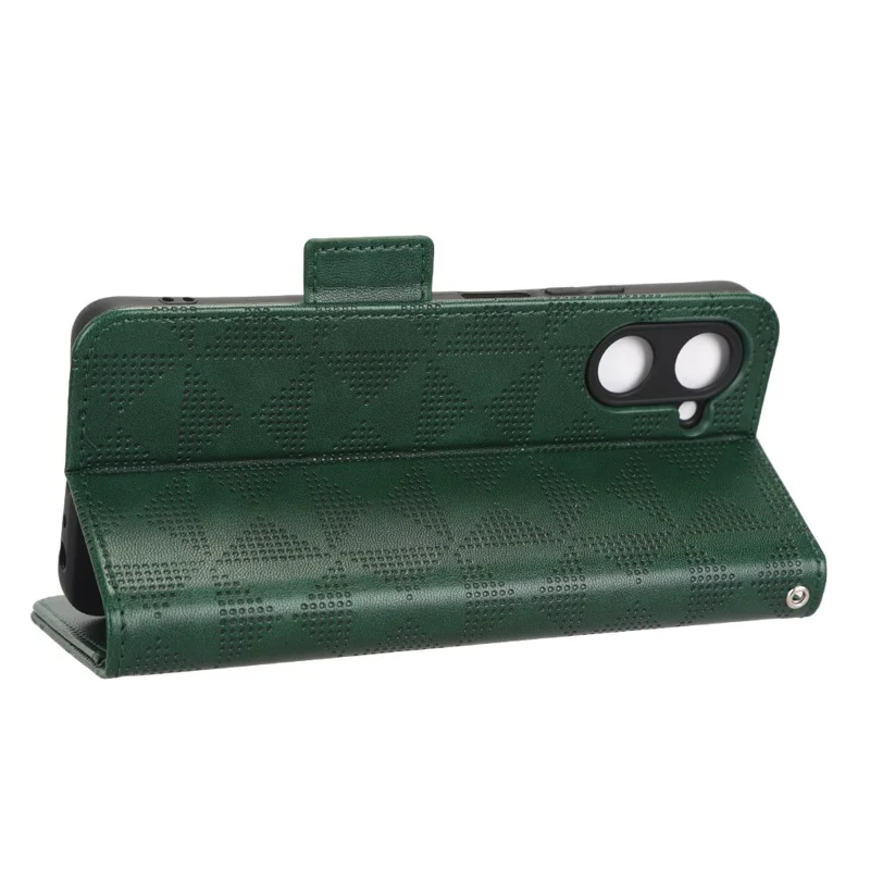 For Realme 10 4G Drop Protection Wallet PU Leather Stand Case Imprinted Triangle Pattern Cover with Hand Strap - Green