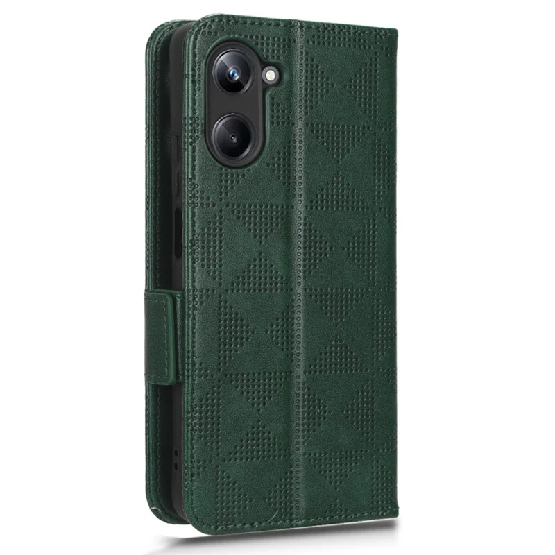 For Realme 10 4G Drop Protection Wallet PU Leather Stand Case Imprinted Triangle Pattern Cover with Hand Strap - Green