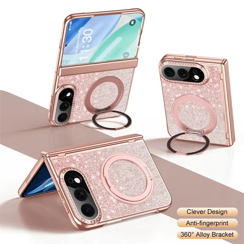 Étui magnétique pour iPhone Fold avec support pivotant, revêtement en cuir PU brillant + PC, protection d'écran - Rose