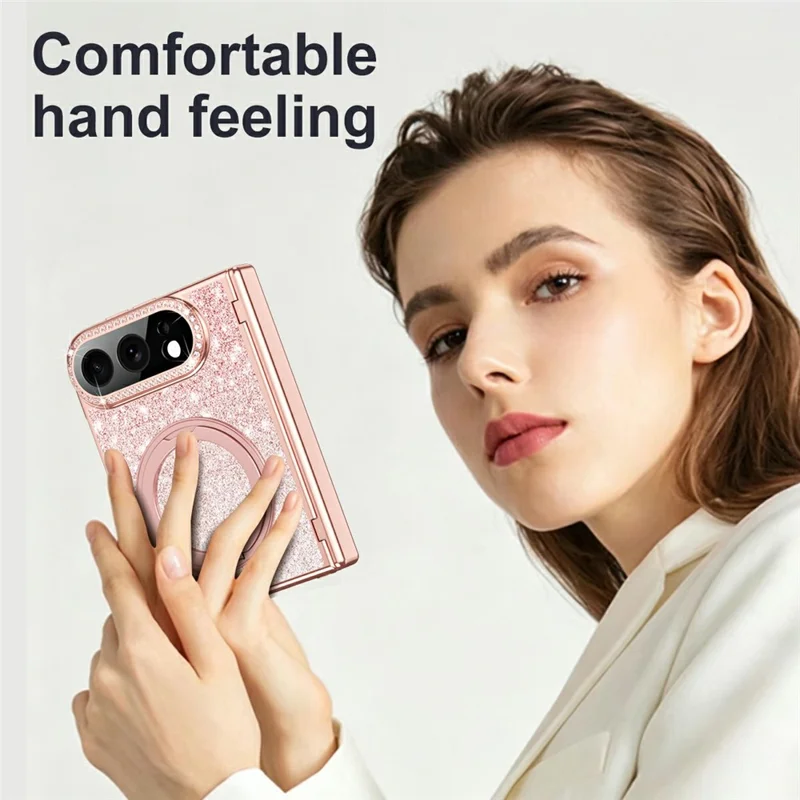 Étui magnétique pour iPhone Fold avec support pivotant, revêtement en cuir PU brillant + PC, protection d'écran - Rose