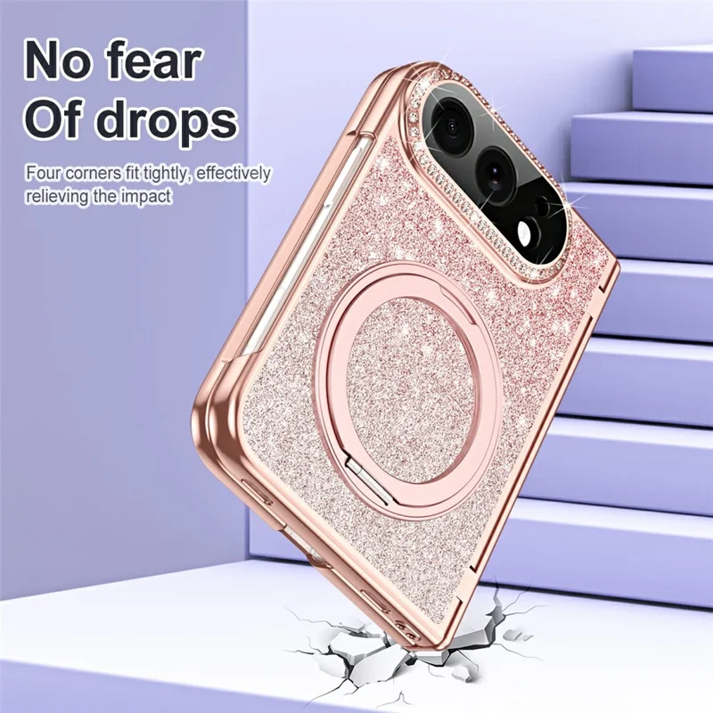 Étui magnétique pour iPhone Fold avec support pivotant, revêtement en cuir PU brillant + PC, protection d'écran - Rose