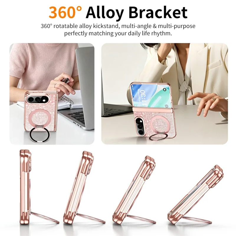 Étui magnétique pour iPhone Fold avec support pivotant, revêtement en cuir PU brillant + PC, protection d'écran - Rose