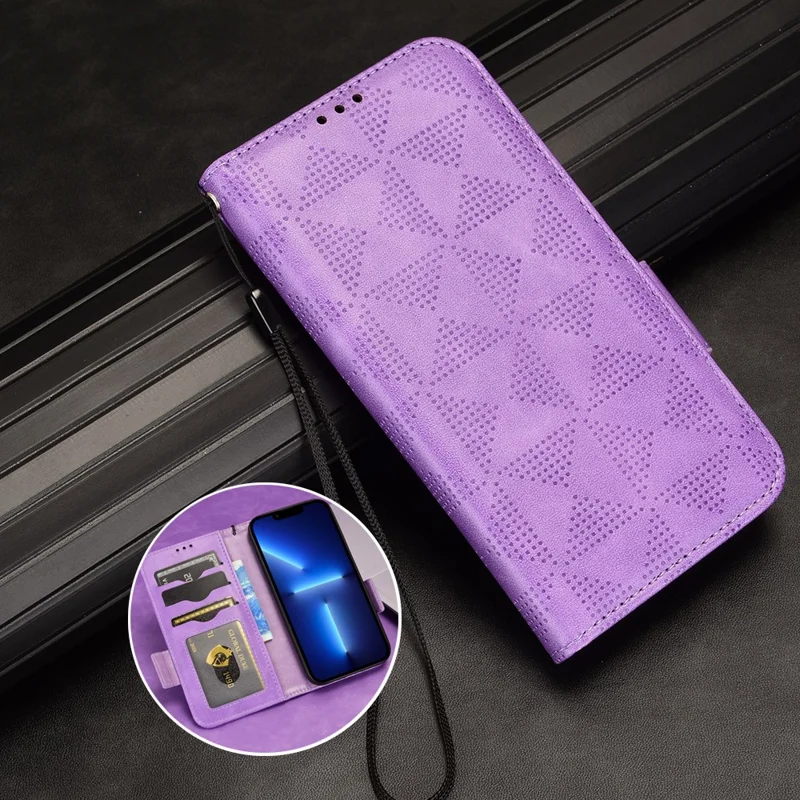 For Realme 10 Pro 5G PU Leather Stand Case Full Protection Phone Wallet Imprinted Triangle Pattern Cover with Hand Strap - Purple