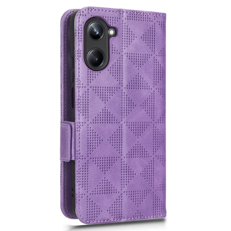 For Realme 10 Pro 5G PU Leather Stand Case Full Protection Phone Wallet Imprinted Triangle Pattern Cover with Hand Strap - Purple