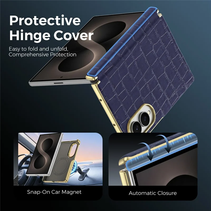 For Samsung Galaxy Z Fold8 Magnetic Case Dual-Hinge Crocodile Texture Leather Phone Cover - Sapphire