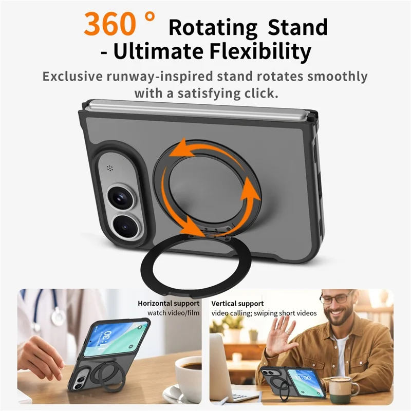 For iPhone Duo Case Rotating Magnetic Kickstand TPU + Acrylic Skin-feel Phone Cover with Front Frame - Black