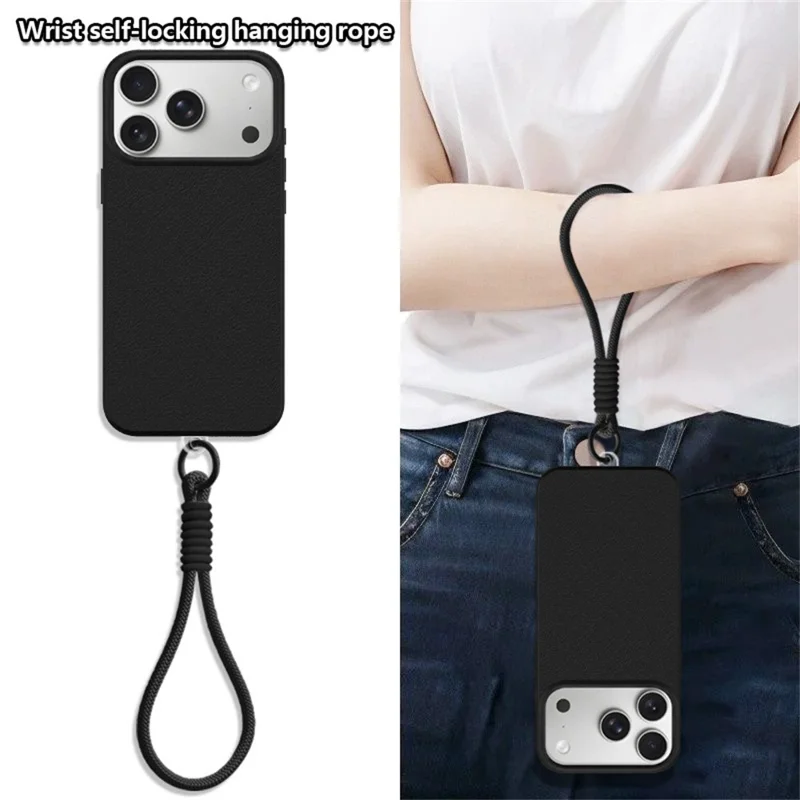 For iPhone 18 Pro / 17 Pro Case with Wrist Strap Large Camera Cutout Litchi Texture PU Leather PC Phone Cover - Black