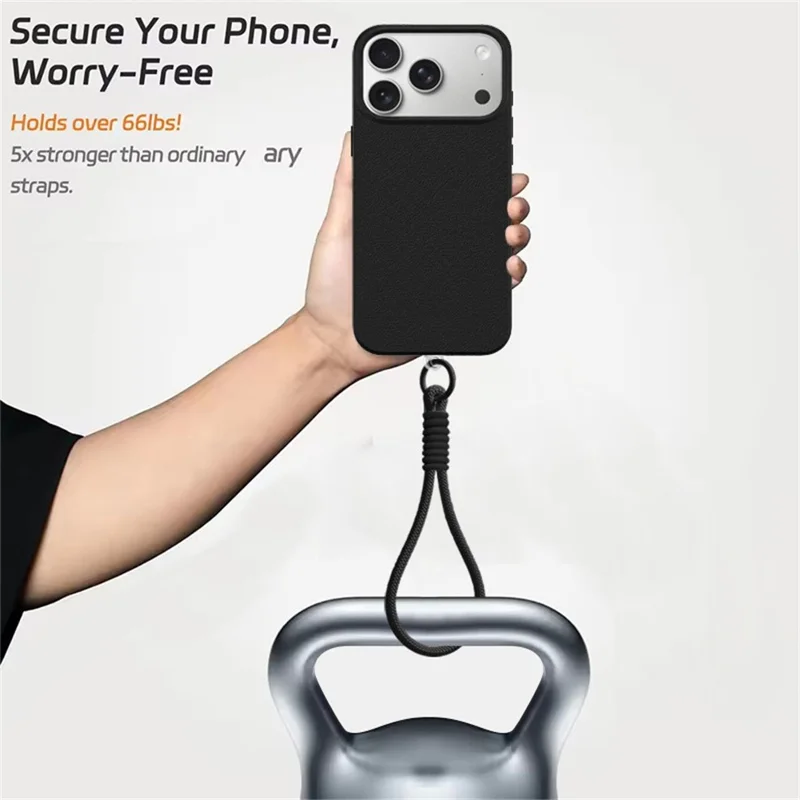 For iPhone 18 Pro / 17 Pro Case with Wrist Strap Large Camera Cutout Litchi Texture PU Leather PC Phone Cover - Black