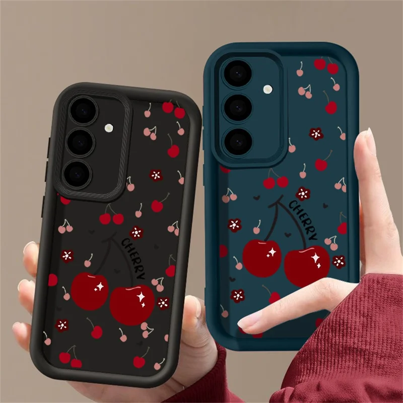 For Samsung Galaxy A57 5G Case Cherry Pattern Camera Protection Full Coverage Shockproof TPU Phone Cover - Blue