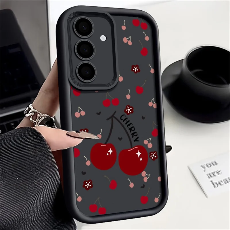 Samsung Galaxy S25 FE-hoesje met kersenpatroon, beschermhoes met cameralensbescherming, volledige afdekking, stootvast TPU-hoesje voor de telefoon - Zwart