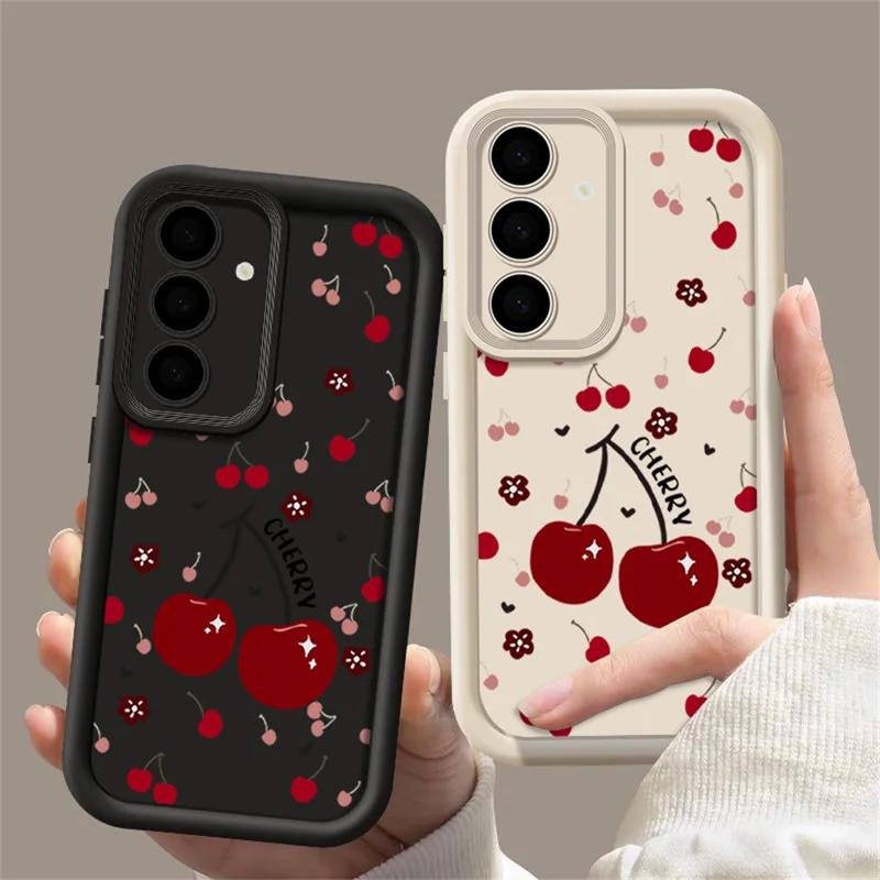 Samsung Galaxy S25 FE-hoesje met kersenpatroon, beschermhoes met cameralensbescherming, volledige afdekking, stootvast TPU-hoesje voor de telefoon - Zwart
