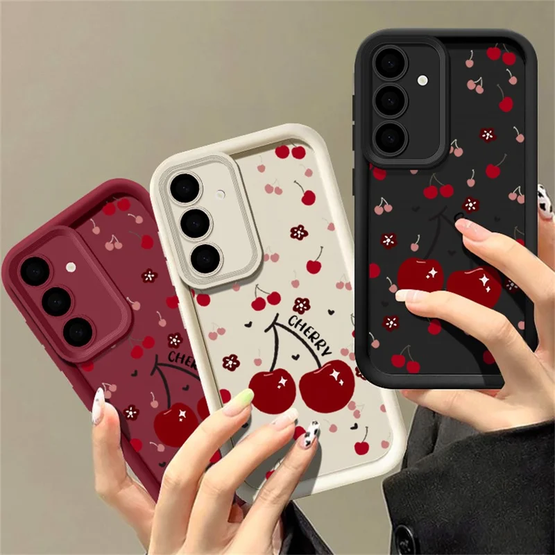 Samsung Galaxy S25 FE-hoesje met kersenpatroon, beschermhoes met cameralensbescherming, volledige afdekking, stootvast TPU-hoesje voor de telefoon - Zwart