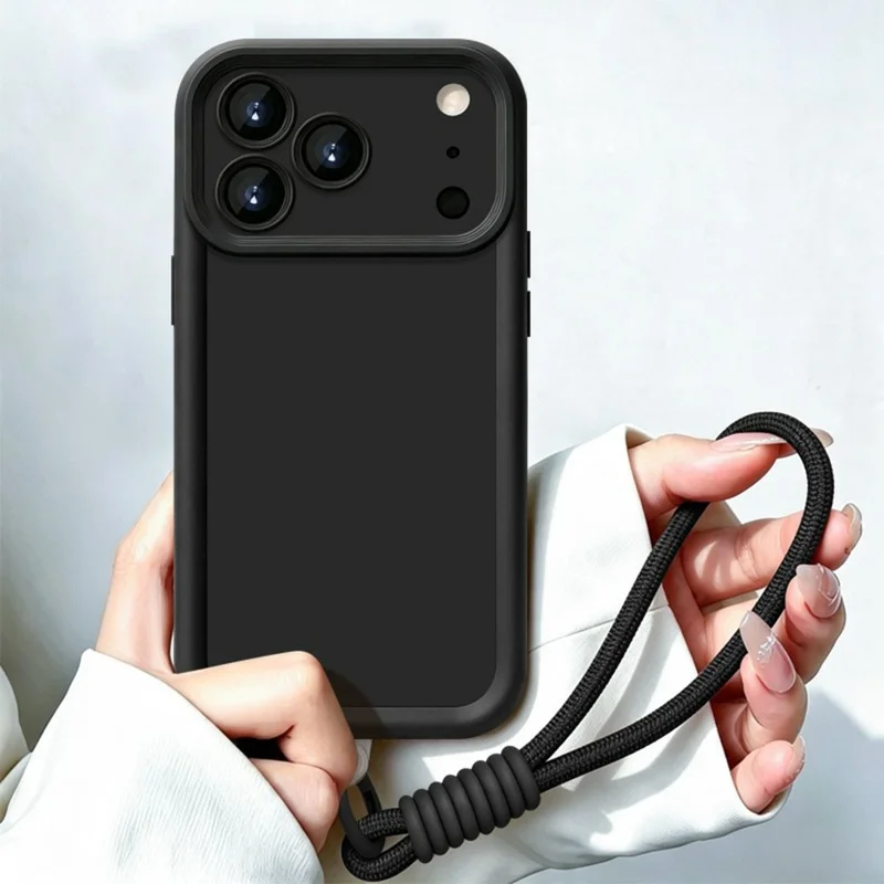 Telefoonhoesje voor iPhone 17 Pro Max met polsbandje, precieze lensbescherming, effen kleur TPU hoes - Zwart