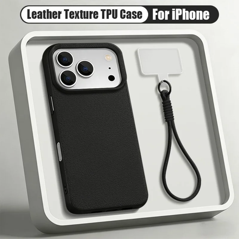 For iPhone 18 Pro Max / 17 Pro Max Case with Wrist Strap Large Camera Cutout Litchi Texture PU Leather PC Phone Cover - Black