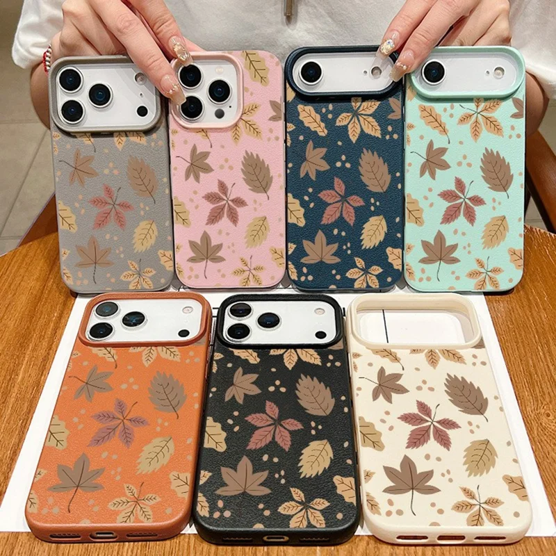 For iPhone 17 Pro Max Case Autumn Leaf Pattern Leather Coated PC TPU Phone Cover - B065B1