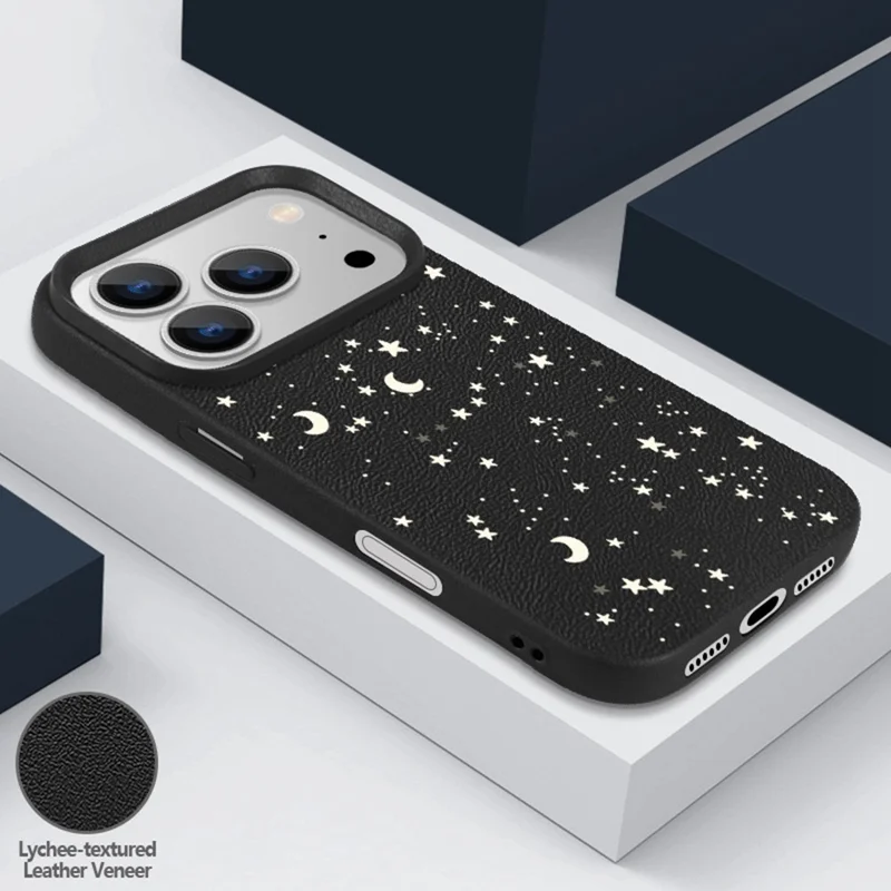 For iPhone 18 Pro / 17 Pro Case Star Moon Pattern Leather Coated TPU Phone Cover - Black