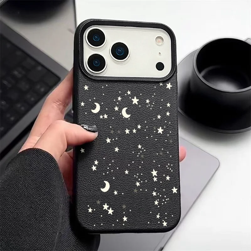 For iPhone 18 Pro / 17 Pro Case Star Moon Pattern Leather Coated TPU Phone Cover - Black