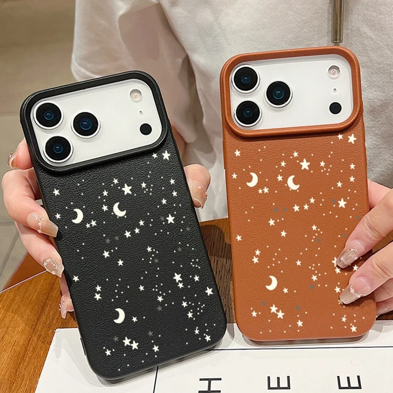 Für iPhone 17 Pro Max Hülle Stern-Mond-Muster Lederbeschichtete TPU-Handyhülle - Schwarz