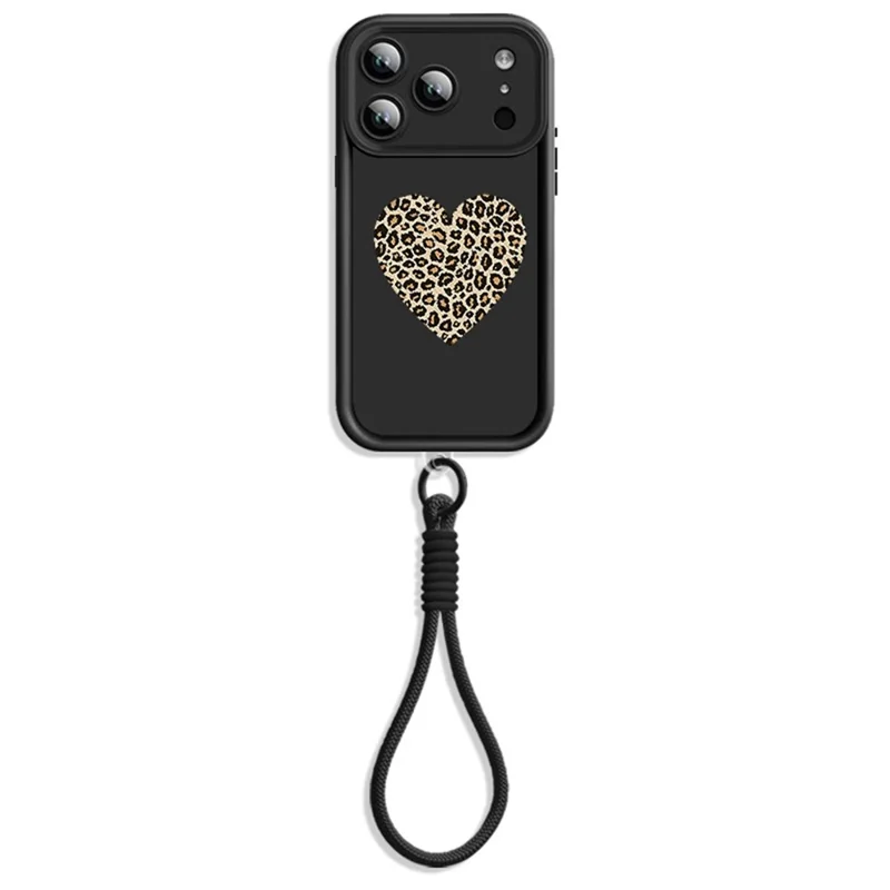 Für iPhone 17 Pro TPU-Hülle mit Handschlaufe, Leopardenherz-Muster, präziser Kameraschutz, Handyhülle - Schwarz