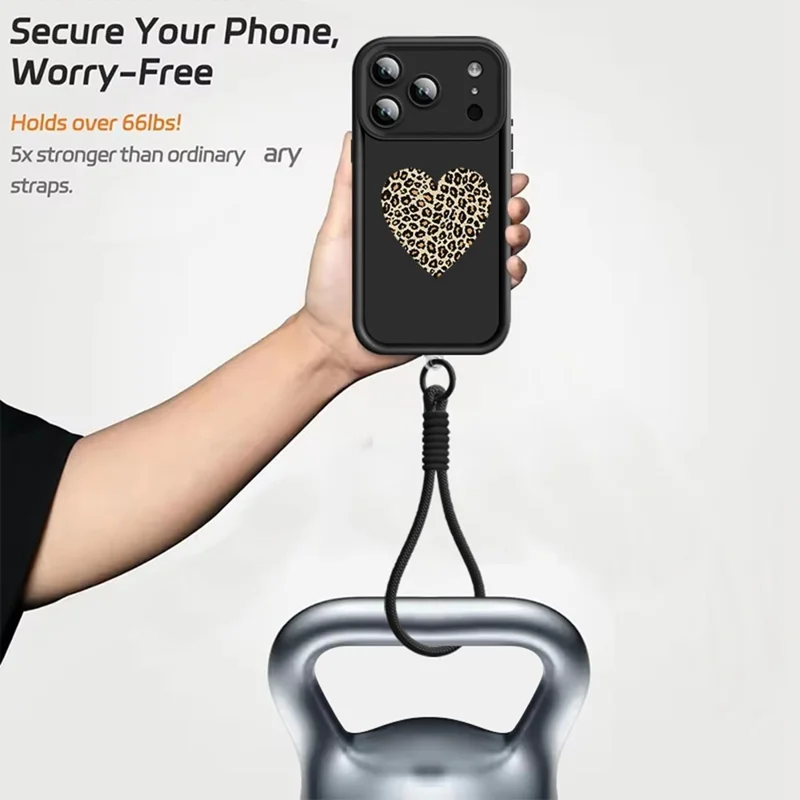 Für iPhone 17 Pro TPU-Hülle mit Handschlaufe, Leopardenherz-Muster, präziser Kameraschutz, Handyhülle - Schwarz