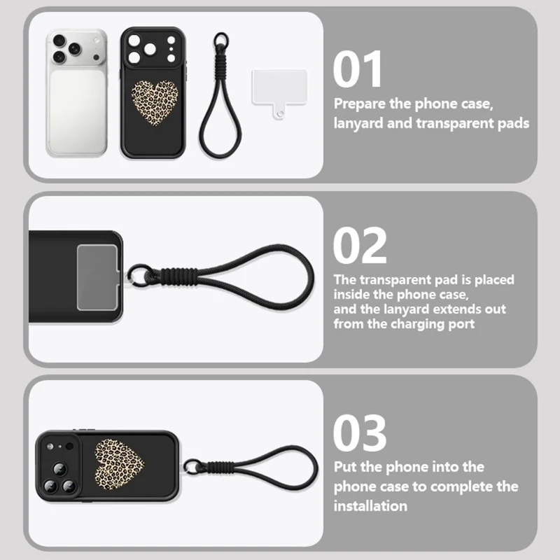 Für iPhone 17 Pro TPU-Hülle mit Handschlaufe, Leopardenherz-Muster, präziser Kameraschutz, Handyhülle - Schwarz