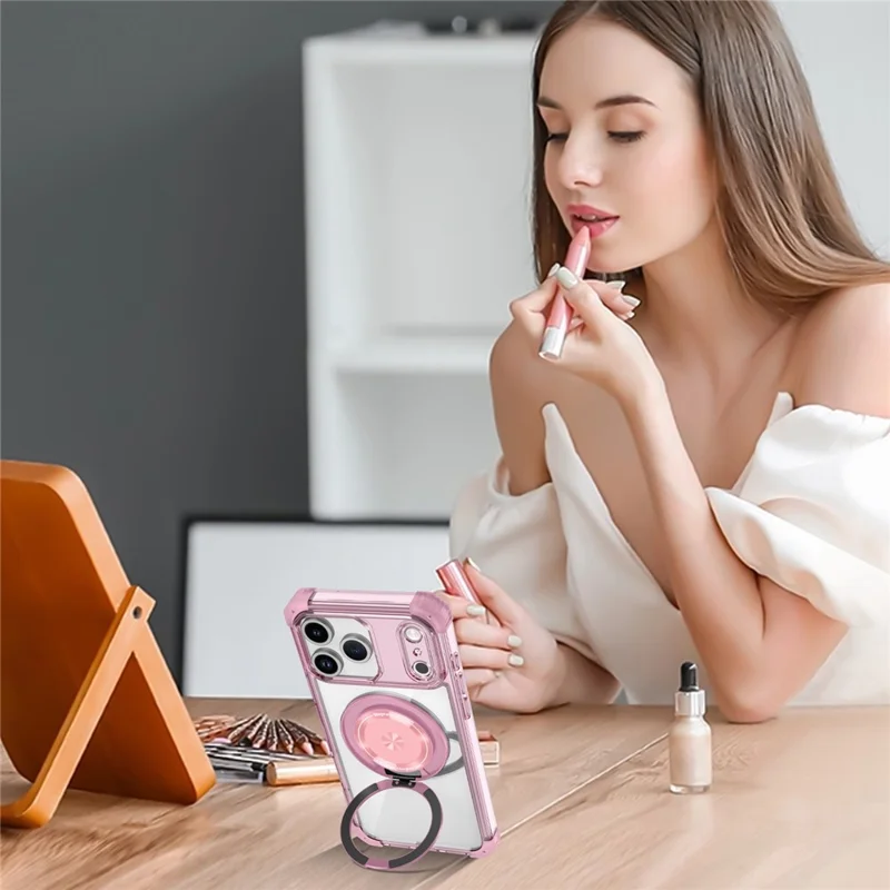 For iPhone 18 Pro Max / 17 Pro Max Magnetisk Case med Roterbar Støtte PC + TPU Bagside - Transparent Rosa