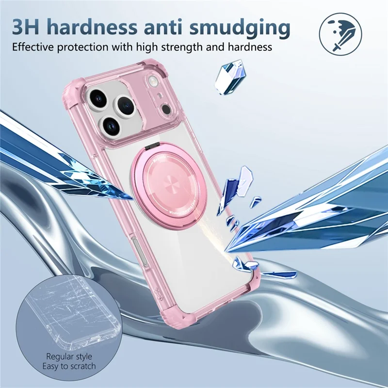For iPhone 18 Pro Max / 17 Pro Max Magnetisk Case med Roterbar Støtte PC + TPU Bagside - Transparent Rosa