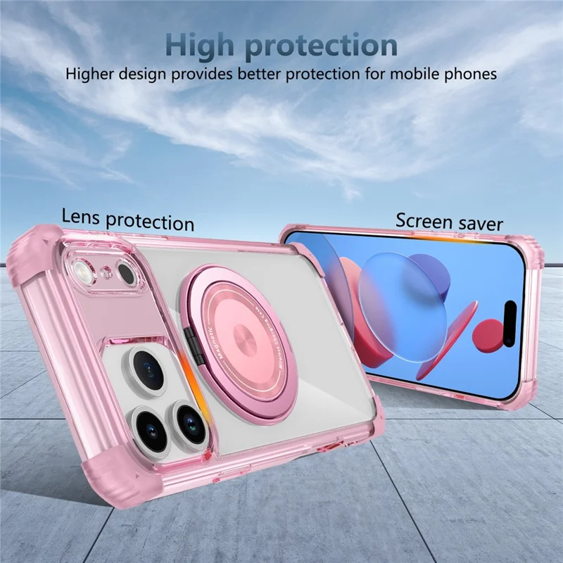 For iPhone 18 Pro Max / 17 Pro Max Magnetisk Case med Roterbar Støtte PC + TPU Bagside - Transparent Rosa