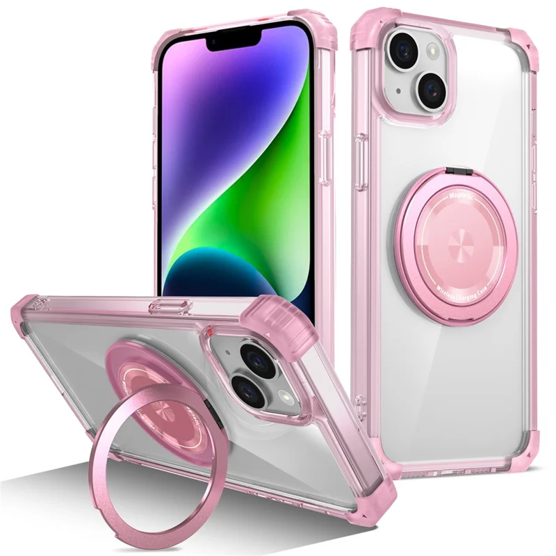 For iPhone 14 / 13 Magnetic Case Rotating Kickstand PC + TPU Back Cover - Transparent Pink