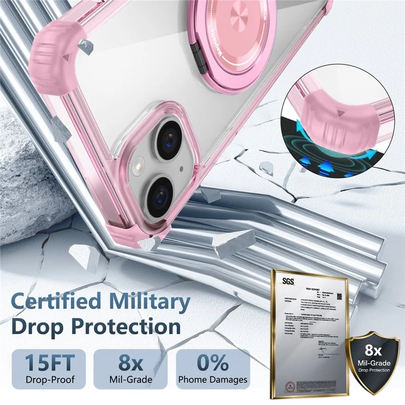 For iPhone 15 Magnetic Case Rotating Kickstand PC + TPU Back Cover - Transparent Pink