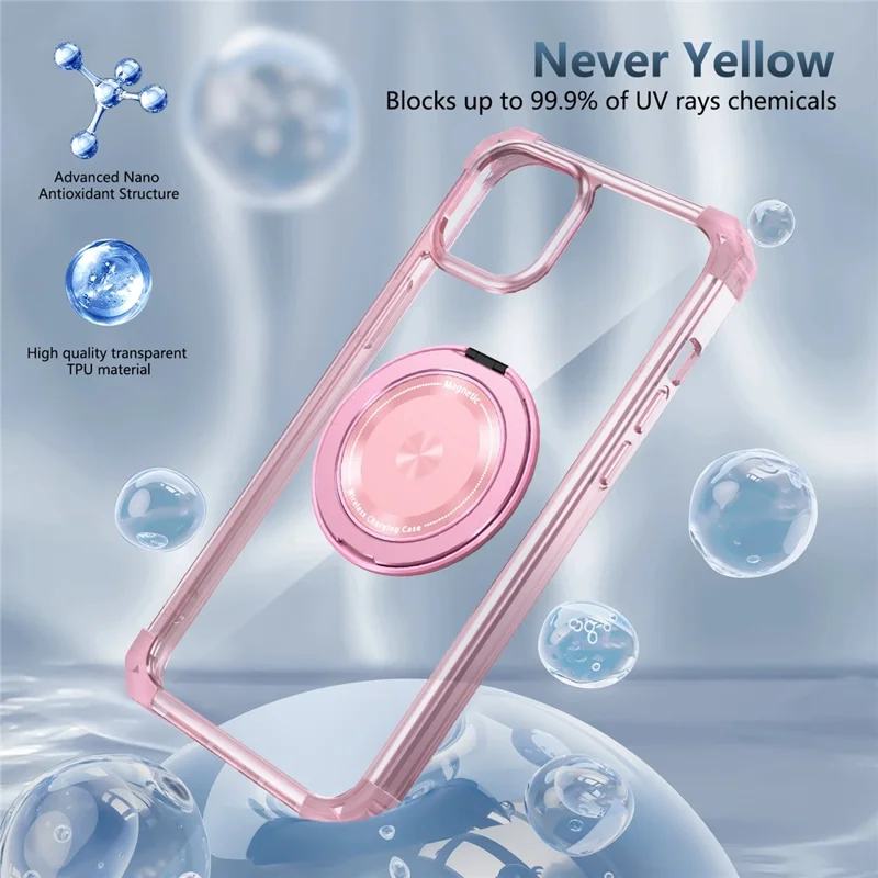 For iPhone 15 Magnetic Case Rotating Kickstand PC + TPU Back Cover - Transparent Pink