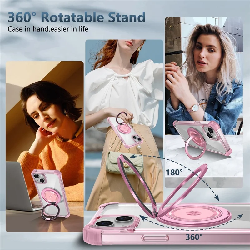 For iPhone 15 Magnetic Case Rotating Kickstand PC + TPU Back Cover - Transparent Pink