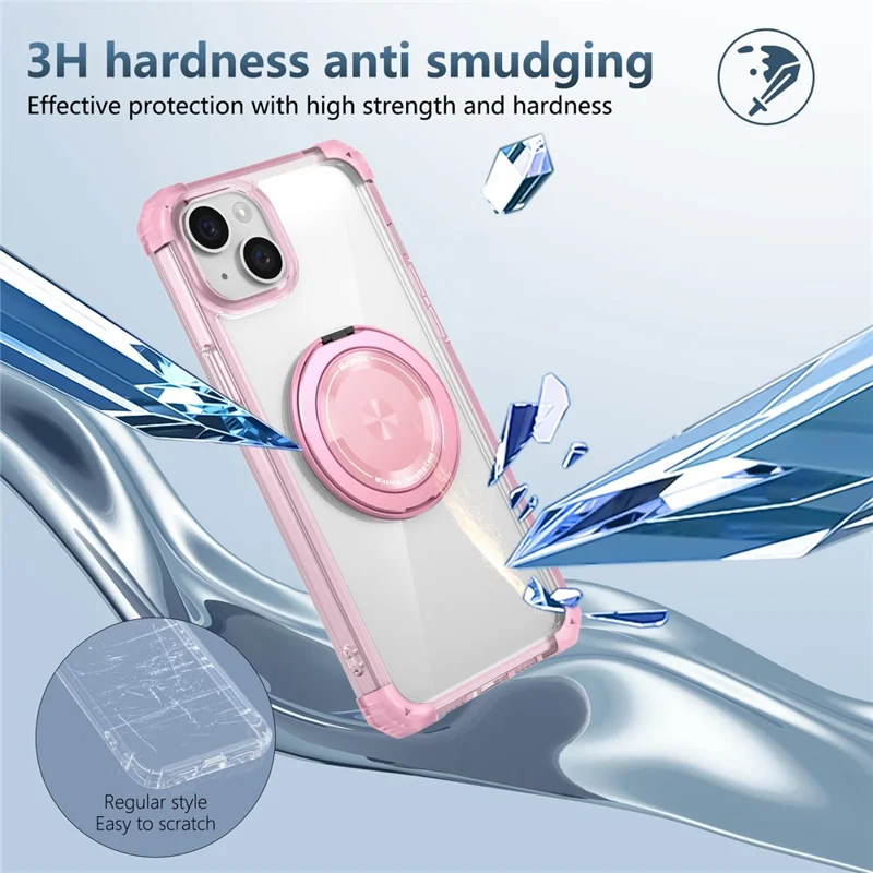 For iPhone 15 Magnetic Case Rotating Kickstand PC + TPU Back Cover - Transparent Pink