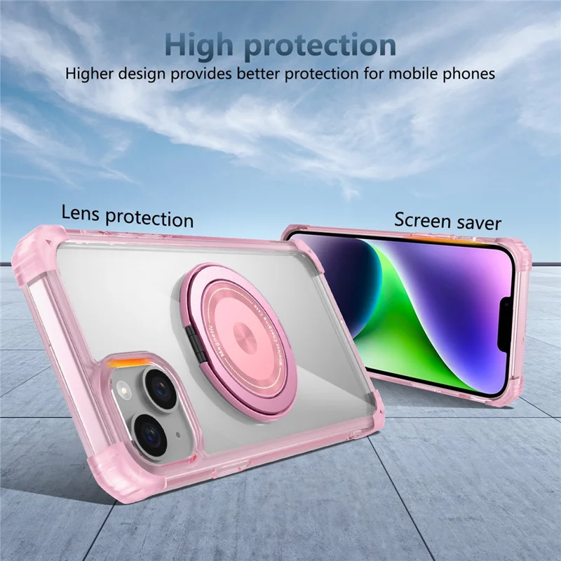For iPhone 15 Magnetic Case Rotating Kickstand PC + TPU Back Cover - Transparent Pink