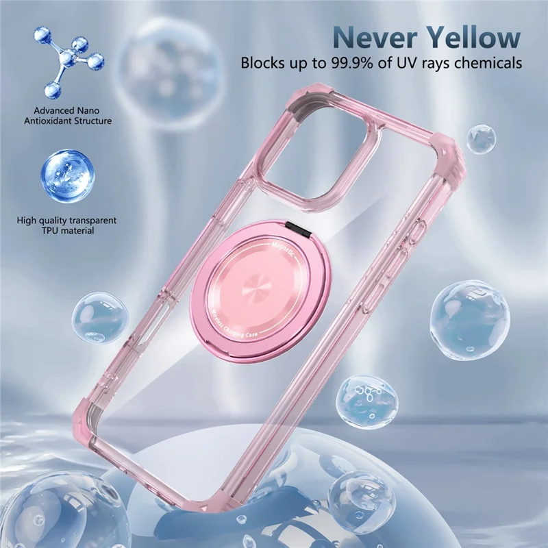 For iPhone 16 Pro Magnetic Case Rotating Kickstand PC + TPU Back Cover - Transparent Pink
