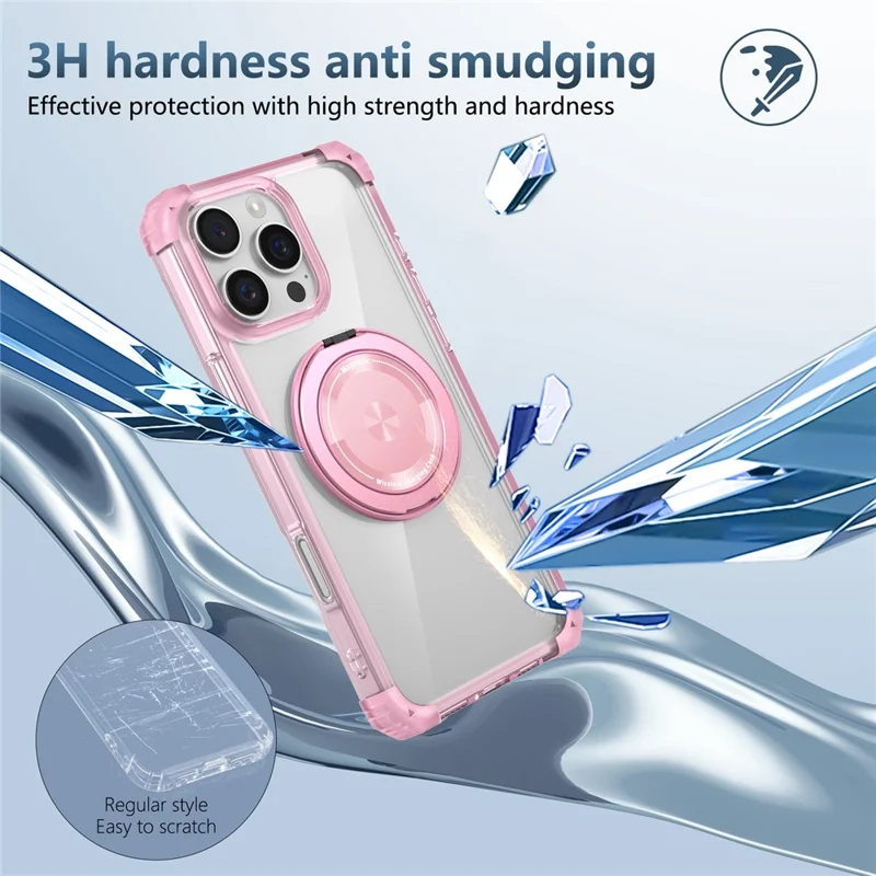 For iPhone 16 Pro Magnetic Case Rotating Kickstand PC + TPU Back Cover - Transparent Pink