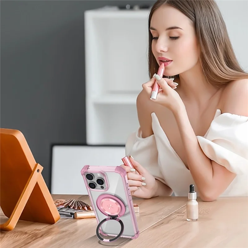 For iPhone 16 Pro Max Magnetic Case Rotating Kickstand PC + TPU Back Cover - Transparent Pink