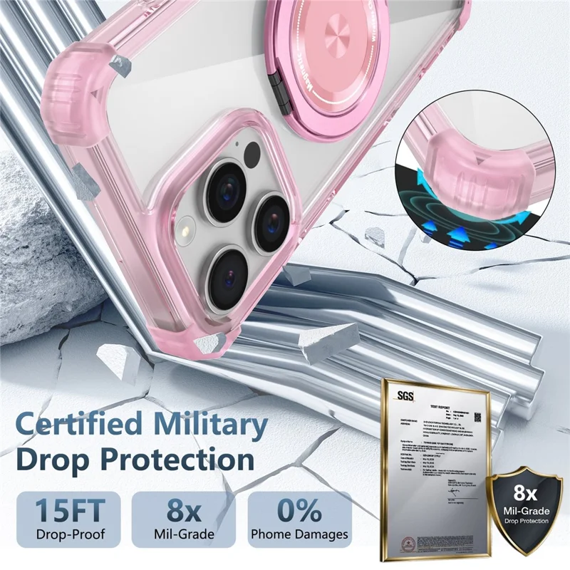 For iPhone 16 Pro Max Magnetic Case Rotating Kickstand PC + TPU Back Cover - Transparent Pink