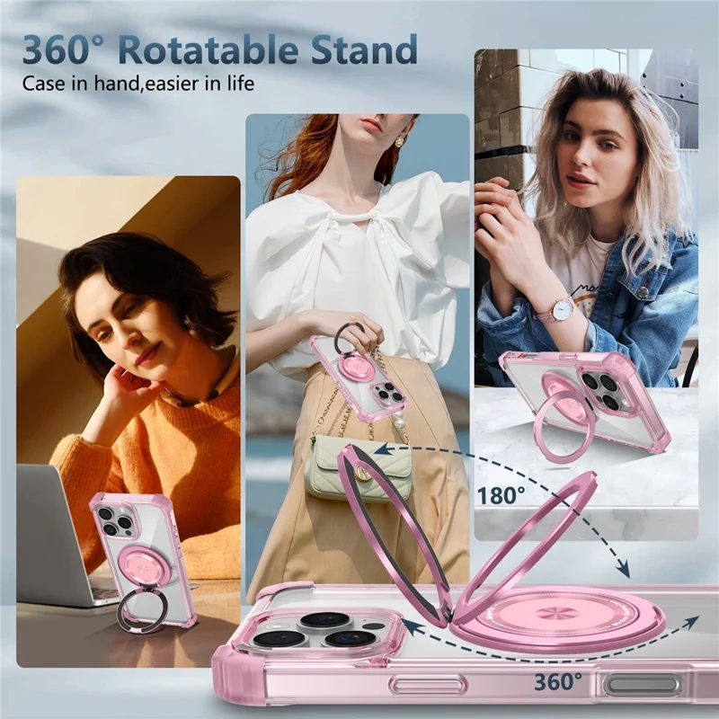 For iPhone 16 Pro Max Magnetic Case Rotating Kickstand PC + TPU Back Cover - Transparent Pink