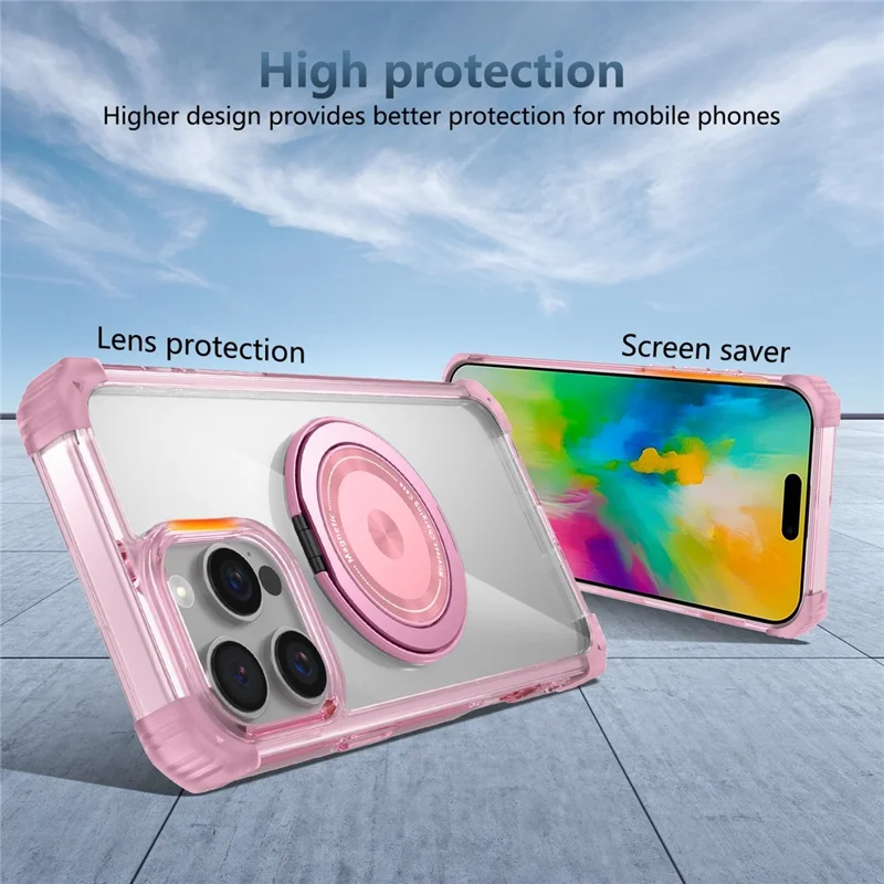 For iPhone 16 Pro Max Magnetic Case Rotating Kickstand PC + TPU Back Cover - Transparent Pink