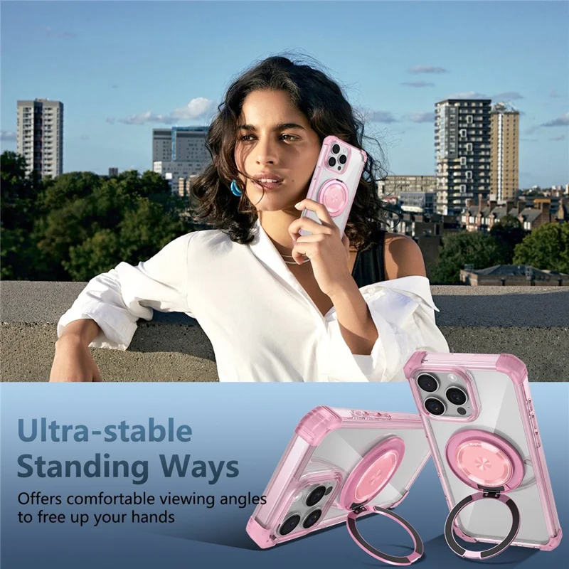 For iPhone 16 Pro Max Magnetic Case Rotating Kickstand PC + TPU Back Cover - Transparent Pink