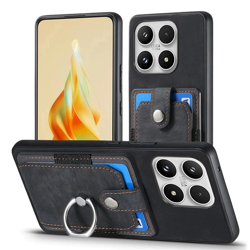 For Xiaomi 17 Case with Tempered Glass Screen Protector Card Slots PU Leather Ring Holder Kickstand Back Cover - Black
