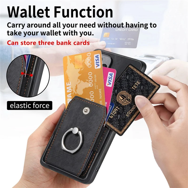 For Xiaomi 17 Case with Tempered Glass Screen Protector Card Slots PU Leather Ring Holder Kickstand Back Cover - Black