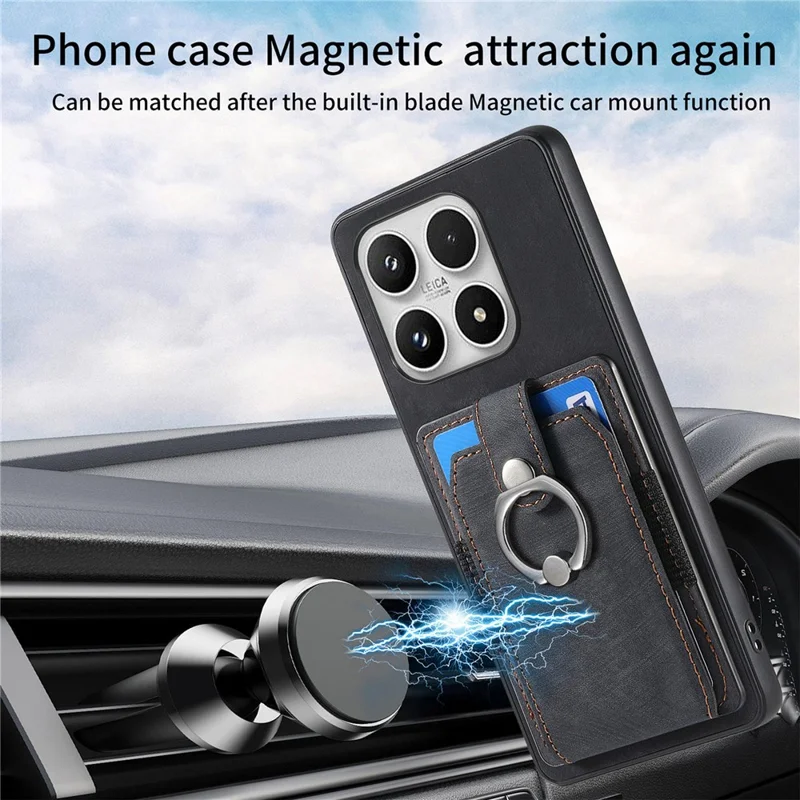 For Xiaomi 17 Case with Tempered Glass Screen Protector Card Slots PU Leather Ring Holder Kickstand Back Cover - Black