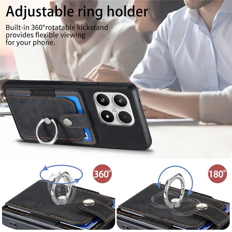 For Xiaomi 17 Case with Tempered Glass Screen Protector Card Slots PU Leather Ring Holder Kickstand Back Cover - Black