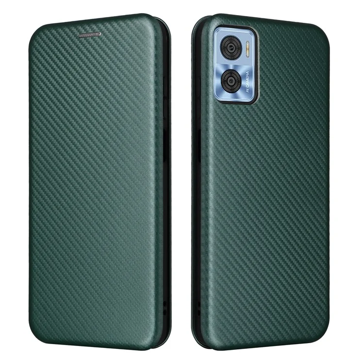 For Motorola Moto E22 4G / Moto E22i 4G PU Leather Phone Shell Card Slot Drop Protection Stand Carbon Fiber Texture Magnetic Flip Case - Green